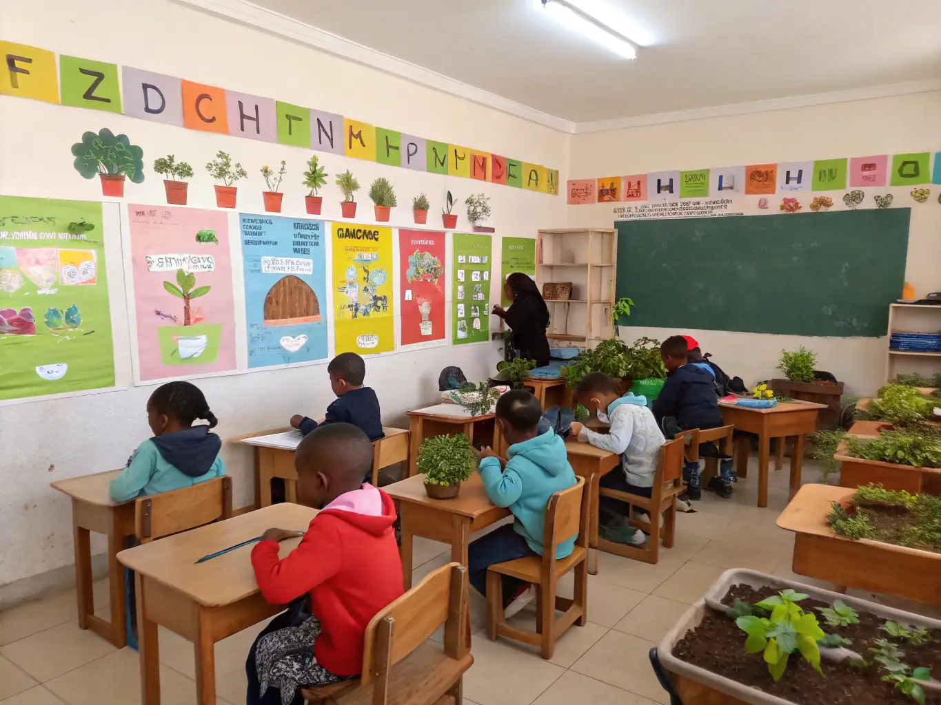 A classroom scene where a MYRICA educator leads an interactive workshop with children examining leaves, insects, and educational posters about local ecosystems.