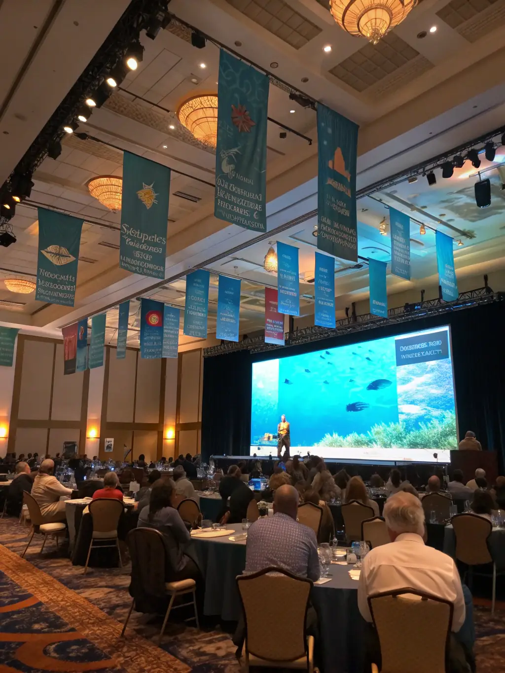 A vibrant conference hall filled with scientists, community leaders, and policymakers engaged in discussion, with banners displaying wildlife conservation themes and MYRICA branding.