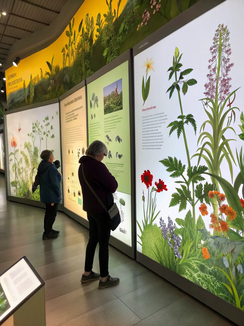 A detailed photo of a colorful exhibition booth featuring native plant displays, educational pamphlets, and interactive models, with visitors exploring the materials, showcasing MYRICA's public exhibitions.