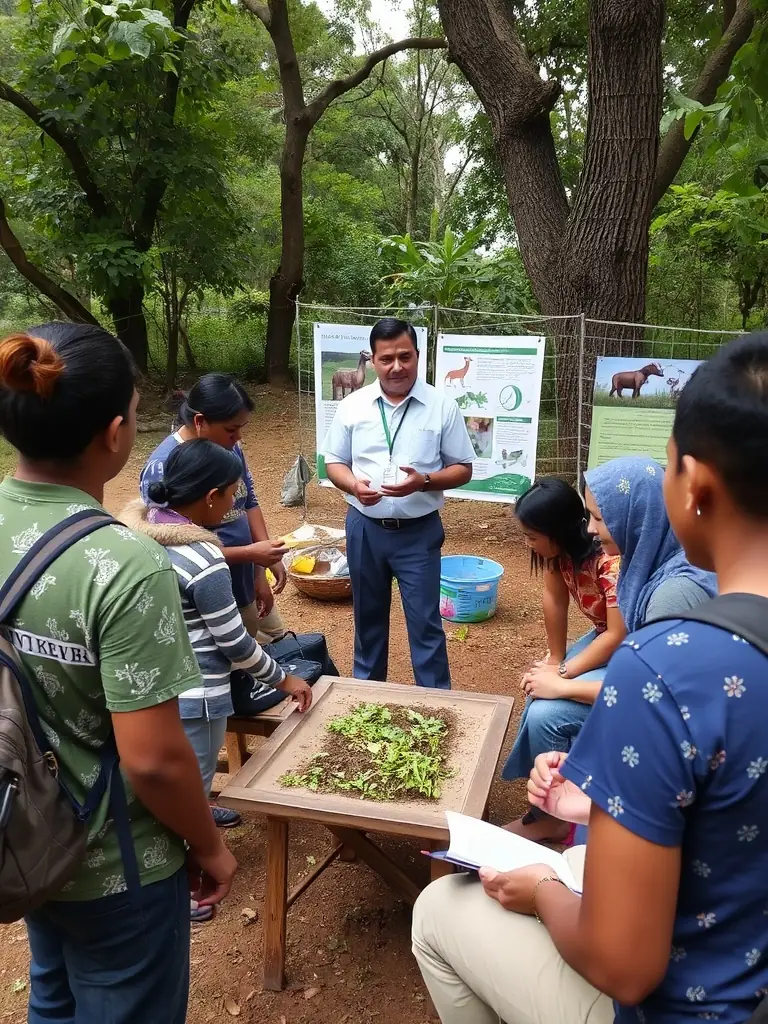 A vibrant photo of children and adults gathered outdoors, participating in a hands-on environmental education workshop, surrounded by trees and educational posters, illustrating MYRICA's interactive learning approach.