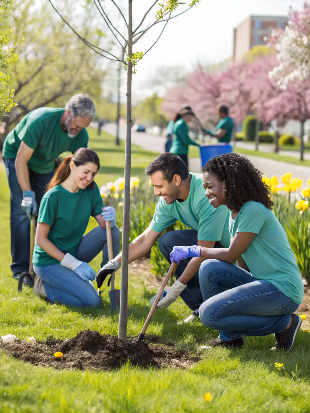A vibrant photo of MYRICA volunteers planting native trees in a city park, with children and adults working together under clear skies, symbolizing community-driven reforestation.