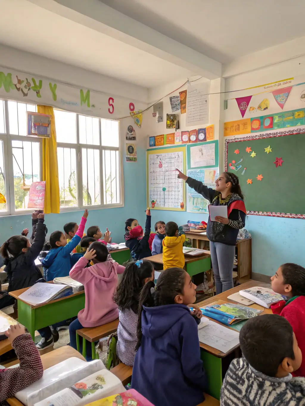 A candid image of a classroom where MYRICA educators are leading an interactive lesson about local wildlife, with students examining educational posters and natural specimens.