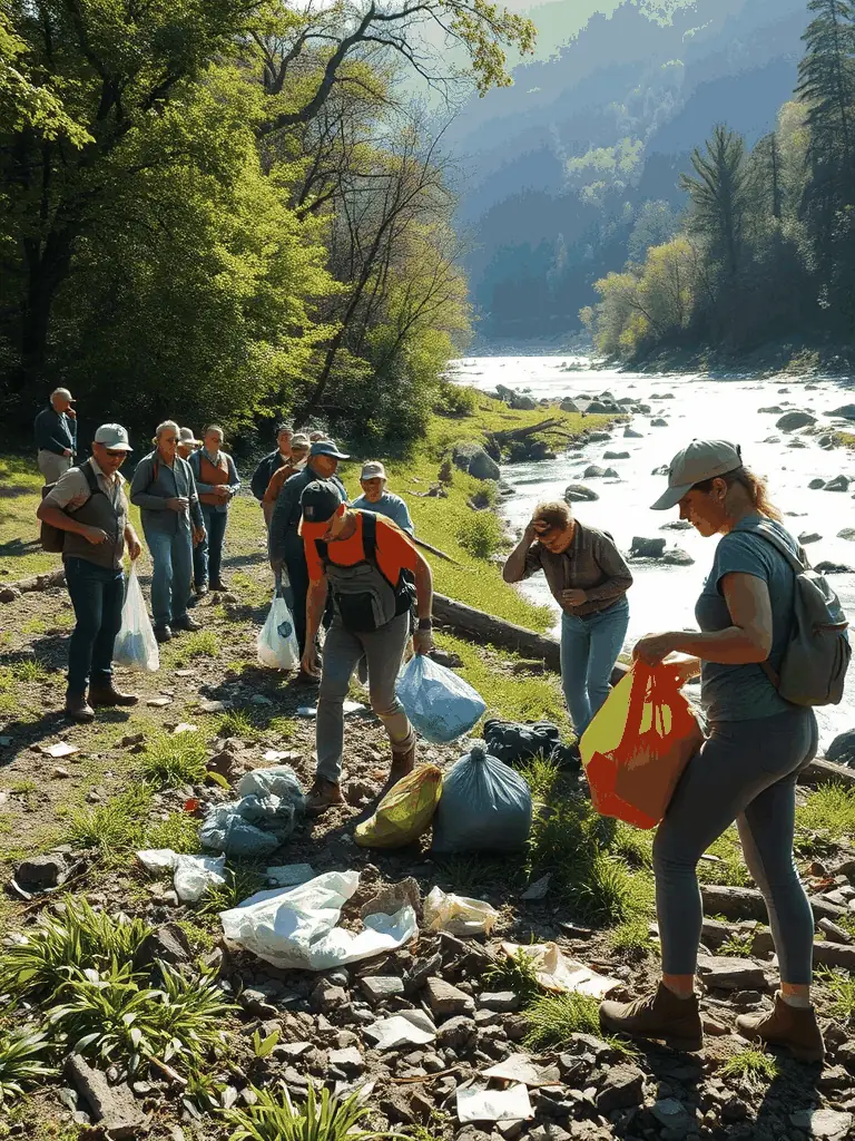 A joyful group photo of community members participating in a MYRICA-organized river cleanup, holding bags of collected litter along a restored riverbank.