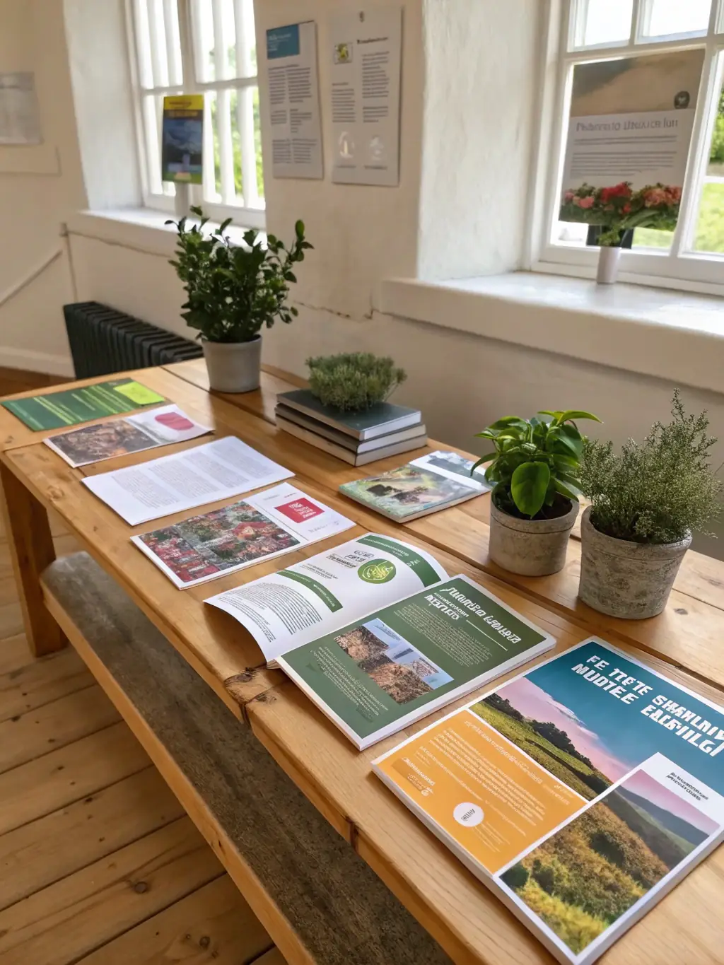 A stack of colorful, professionally designed booklets and posters on a table, each featuring illustrations of local wildlife and practical conservation tips, with MYRICA’s logo visible.