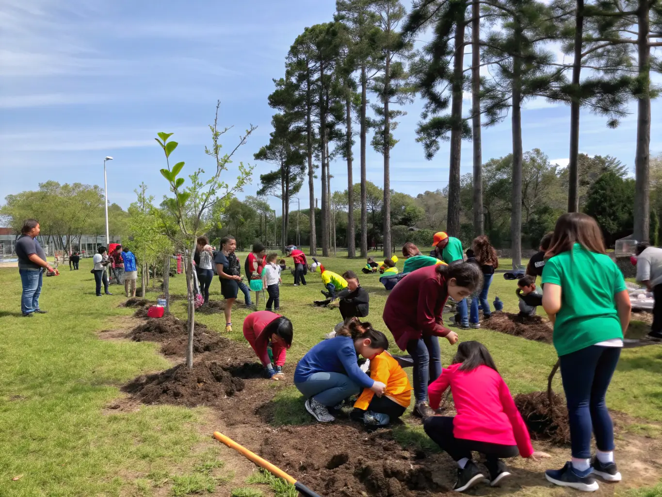 A group of volunteers planting native trees in a lush urban park, with children and adults working together under the guidance of MYRICA staff, representing community-driven reforestation efforts.