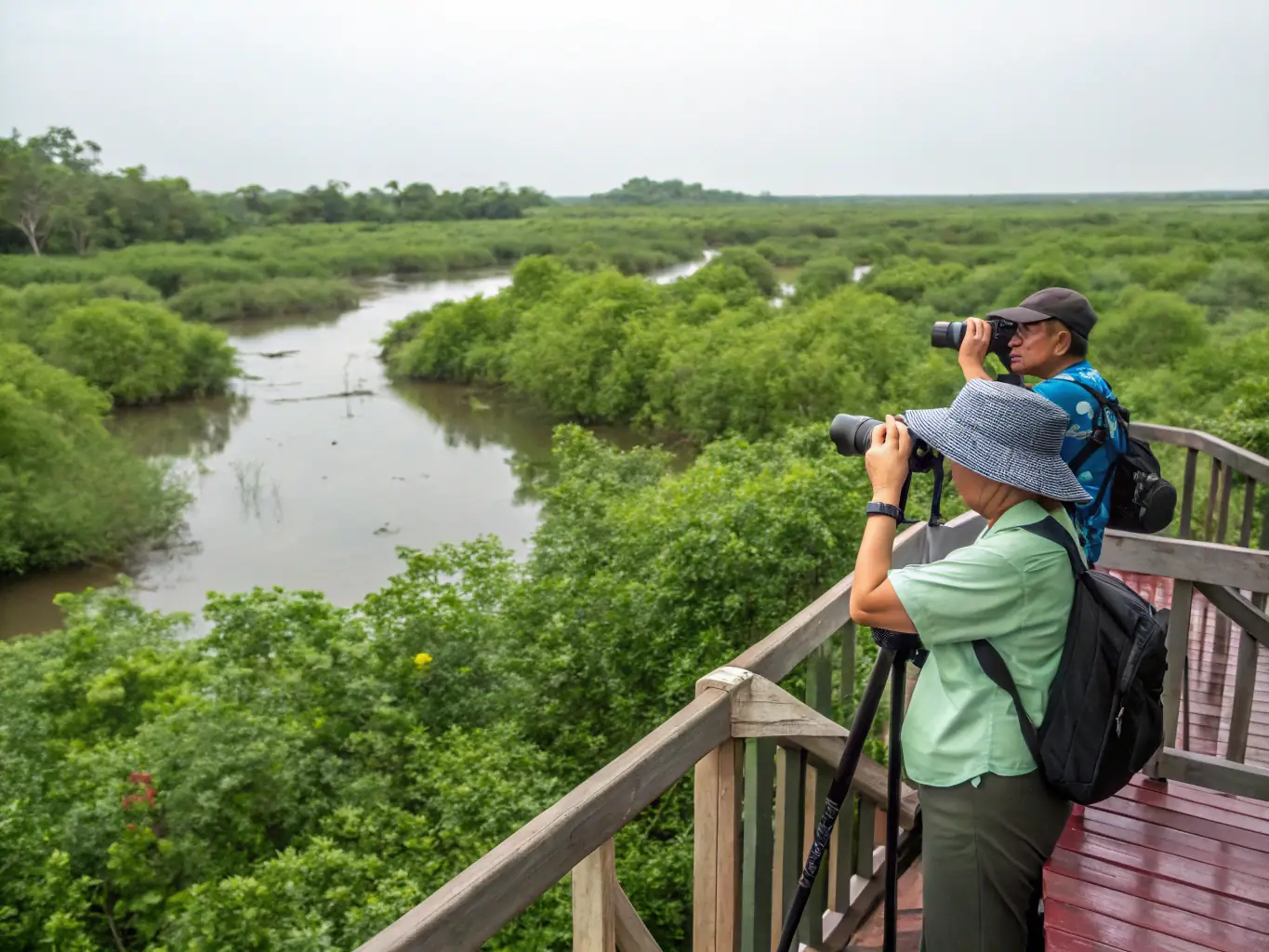 A team of MYRICA members conducting a wildlife survey in a protected wetland, using binoculars and field guides, with native birds visible in the background.