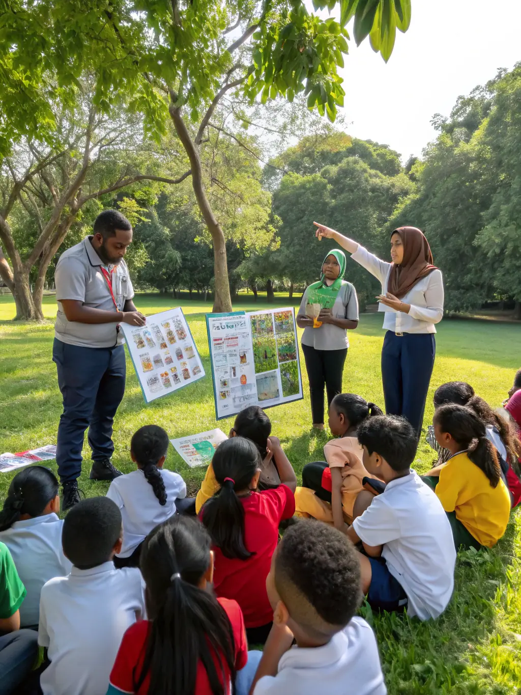A group of children and educators gathered outdoors, examining native plants and insects with magnifying glasses during a hands-on environmental education workshop organized by MYRICA.