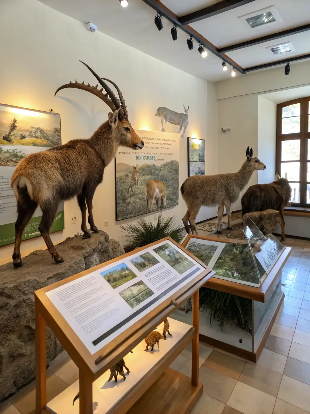 A bright exhibition space featuring educational panels, preserved specimens, and hands-on displays about local flora and fauna, with families and students actively participating.